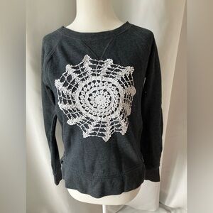 SO Charcoal Sweatshirt with White Embroidered Doily Pattern~Womens size XS